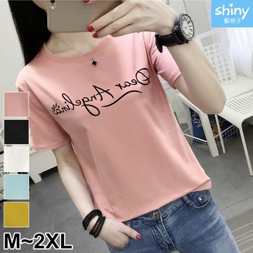 【V2454】shiny藍格子-夏日玩色．英文字母圓領短袖上衣