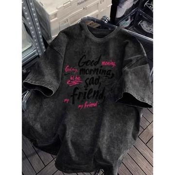 300斤短袖美式寬松T恤水洗做舊印花圓領短袖男夏季復古寬松潮流衫