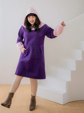 溫暖厚刷毛防風拉鍊撞色連帽洋裝