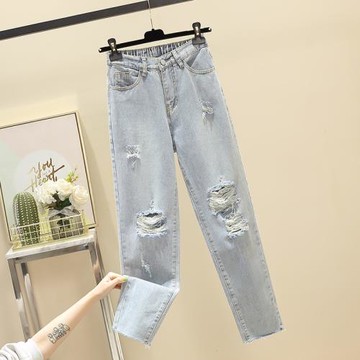 2025春夏破洞牛仔褲男潮牌寬松直筒ins韓版潮流哈倫九分乞丐褲子