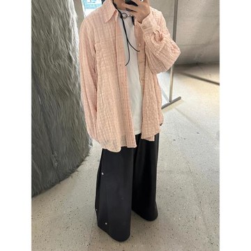 Our Legacy低飽和粉紅色褶皺泡泡紗襯衫休閑寬松廓形格紋長袖外套