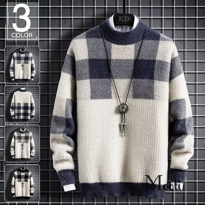 ニット メンズ ニットセーター トップス チェック柄 スリム 冬服 モックネック メンズファッション 秋服 秋冬 通販 Lineポイント最大get Lineショッピング