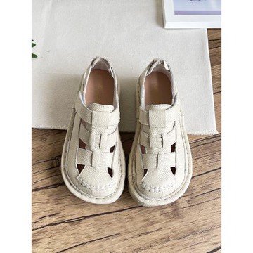 真皮鏤空涼鞋女2025年夏季新款松糕跟厚底手工縫線韓系包頭羅馬鞋