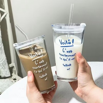 玻璃吸管杯 玻璃杯 吸管杯 水杯 水壺 隨行杯 韓系玻璃杯含蓋 450ml 吸管水杯 家用杯子 透明玻璃杯