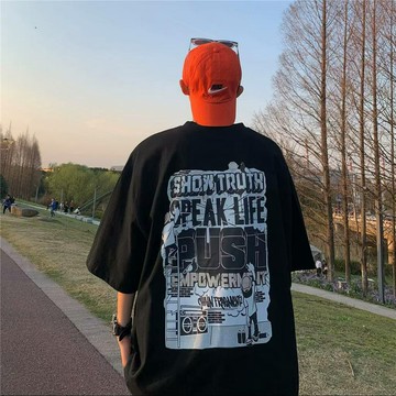 日系港風休閑短袖 寬鬆T賉 短袖男 印花短袖 上衣T賉 五分袖 落肩袖 圓領短袖 oversize『癮品流行』