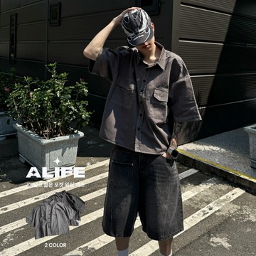 現+預｜【ALIFE】水洗 寬短版 落肩 口袋 襯衫 2色 排扣 翻領 百搭 工裝 短袖 外搭 短袖襯衫#041T