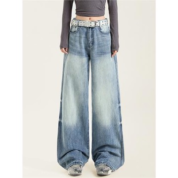 (免運)李柒月復古懷舊藍色洗水牛仔褲中低腰直筒微喇闊腿寬松拖地長褲子