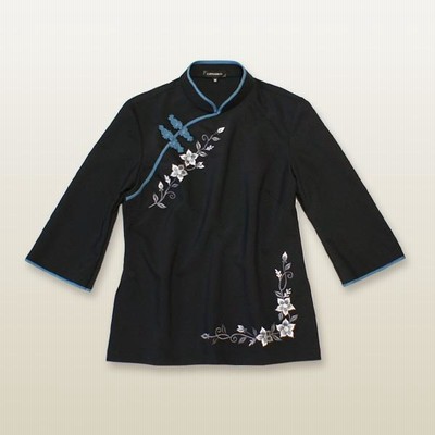 花刺繍七分袖チャイナ服 ／ チャイナブラウス　アオザイ風ブラウス　チャイナシャツ　二胡ブラウス　太極拳服　太極拳ウェア 花刺繍七分袖チャイナ服 ／ チャイナブラウス アオザイ風