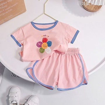 萌娃寶貝~ 女童套裝 中小童卡通印花撞色棉質短袖短褲套裝 兒童夏裝 女童休閒套裝 女童家居服  韓國童裝 夏天女童衣服