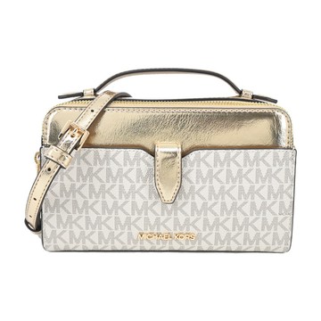 [平輸版] 【MICHAEL KORS】 JET SET PVC滿版漆皮雙拉鍊手提/斜背包(中/米白金)真品平輸