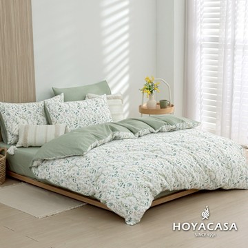 HOYACASA 100%精梳棉加大兩用被四件式床包組-綠映詩韻(天絲入棉30%)