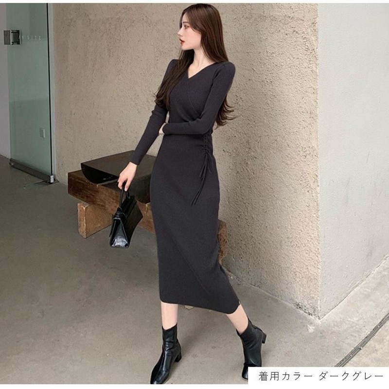ニット ワンピース マキシ丈 タイト ダークグレー S-L 韓国 ine-6056.jpg