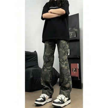 美式vibe風迷彩褲子男款夏薄款高街復古伐木褲彎刀直筒工裝牛仔褲