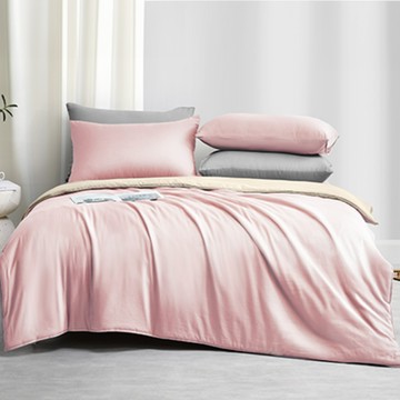 J-bedtime 床寢時光 素色石墨烯 天絲涼被床包枕套組  藕粉色 + 米色  雙人加大  床包 + 四季被 + 枕套 2個