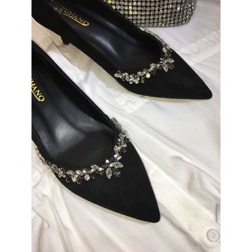 氣質新款黑色3cm小跟鞋淺口日常尖頭絨面5厘米高跟鞋單鞋女不累腳