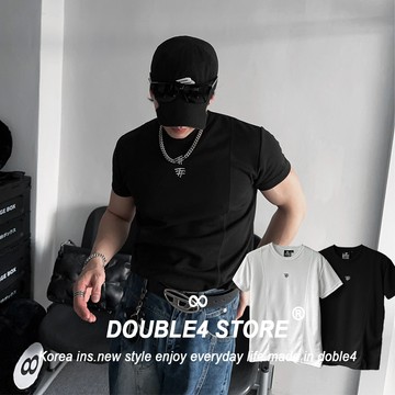 【DOUBLE4】正韓 顯壯 合身短袖 單線剪裁 結構 刺繡 小LOGO 運動 健身 Claen fit 2522