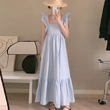 韓國chic夏季法式優雅方領露鎖骨拼接荷葉邊飛飛袖桔梗連衣裙長裙