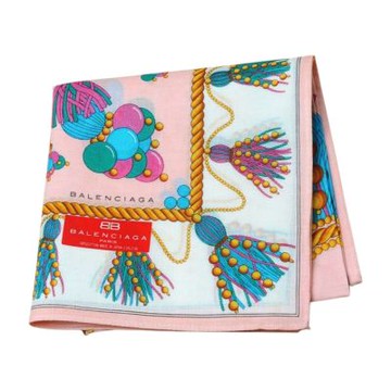 BALENCIAGA 巴黎世家淺藍底異域風流蘇鍊條印花圖騰LOGO帕領巾(粉紅/50CM)