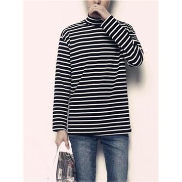黑白橫條紋半高領T恤男士長袖修身純棉內搭秋冬打底衫高領上衣服
