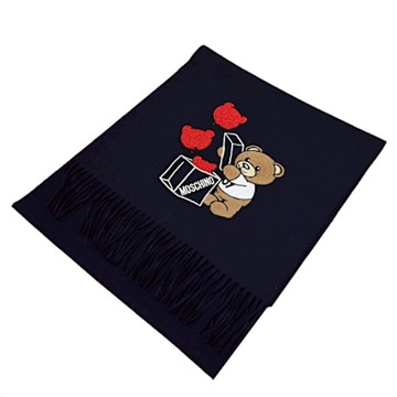 MOSCHINO 可愛小熊氣球禮物圖案羊毛長圍巾(深藍)