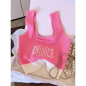 粉白撞色U領針織吊帶背心女夏季設計感字母印花辣妹短款外穿上衣
