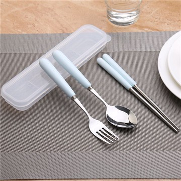 楓林宜居 簡約手柄防燙陶瓷旅行餐具套裝不銹鋼叉勺筷三件套學生便攜式餐具