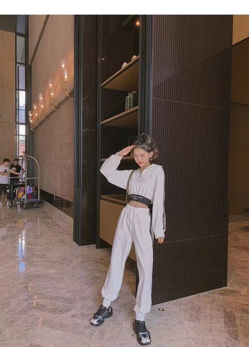 長袖褲裝衛衣套裝女矮個子顯高露臍短款時髦長褲休閒運動兩件套女春秋