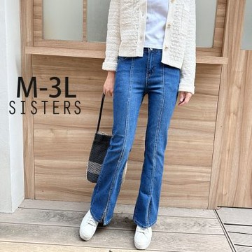 SISTERS 歐膩顯瘦推薦~刷色前開衩丹寧喇叭褲 牛仔褲/M-3L(女下著/長褲/牛仔長褲/褲子/顯瘦/靴型褲)