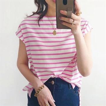 34 linoluce 日單尾貨 基礎款條紋T恤女士上衣 寬松休閑 夏季好物