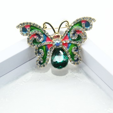 【RJNewYork】靈動花蝴蝶彩繪滴油水晶鋯石2用胸針別針(綠色)