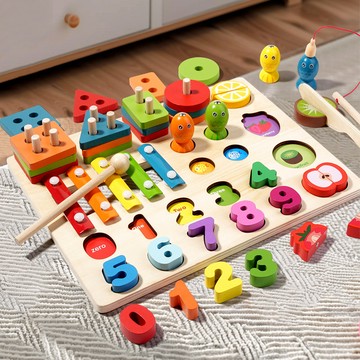 蒙氏兒童木製幾何套柱 磁性釣魚敲琴玩具 形狀配對積木 寶寶早教益智積木玩具