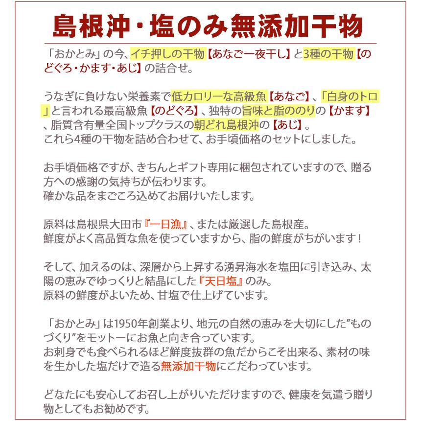 島根県沖 あなご （一夜干し）＆3種の干物（のどぐろ・かます・あじ）詰合せセット 国産 島根産 無添加 岡富商店 -おかとみ- ギフト お歳暮 のし対応可