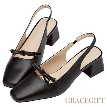 【Grace Gift】優雅日常方頭蝴蝶結細帶簍空跟鞋 黑