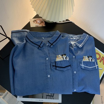 卡通貓咪刺繡天絲牛仔襯衫女W-17夏季韓版寬松休閑薄款長袖襯衣