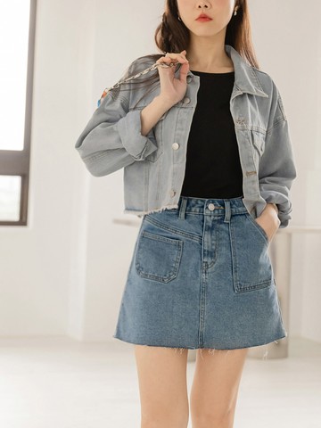 棉質口袋不對稱鬚邊牛仔短裙