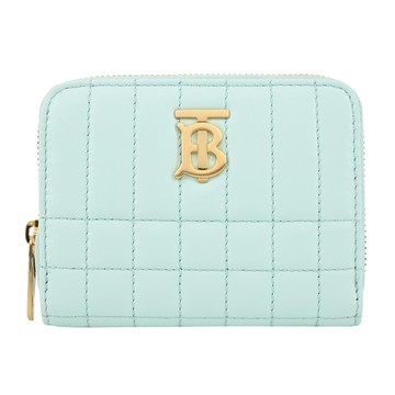 [平輸版]BURBERRY Lola TB金字LOGO格紋絎縫羔羊拉鍊零錢包(薄荷色)真品平輸