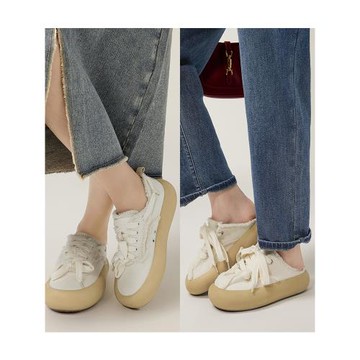 美洋同款網紅半拖鞋女外穿2023新款真皮中底墊小眾設計厚底帆布鞋