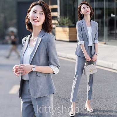 パンツスーツ レディース グレー ベージュ フォーマル オフィススーツ 通勤 Ol 2点 7分袖 テーラードジャケット 夏 セレモニースーツ 通販 Lineポイント最大get Lineショッピング
