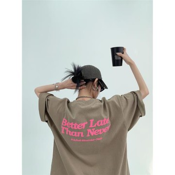 廢柴夏季美式復古設計感粉色印花情侶t恤寬松休閑小眾圓領短袖女