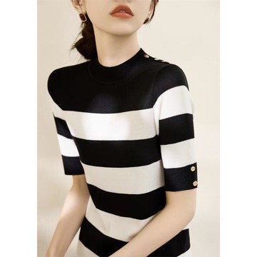 2025新款韓版黑白拼色紐扣設計半高圓領針織衫女春秋五分袖上衣薄