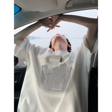 模糊印花設計感純棉短袖t恤男夏季新款潮流潮牌寬松大碼男生上衣