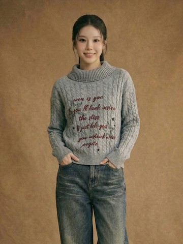 字母一字肩長版毛織上衣