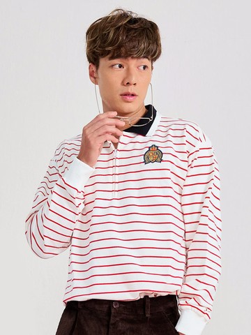 POLO領拉鍊橫條紋休閒長袖上衣