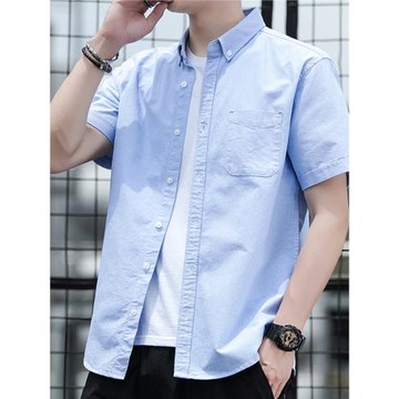 夏季男士牛津紡純棉短袖襯衫純色休閑寸寬松大碼上衣襯衣潮流男裝