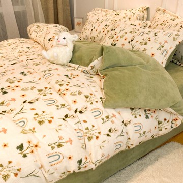 田園風冬季牛奶絨床上四件套雙面珊瑚絨被套法蘭加絨厚床單三件套