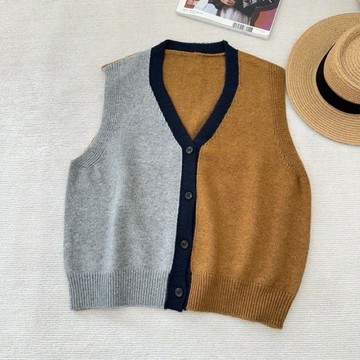 撞色拼接 V 領單排扣針織背心040207