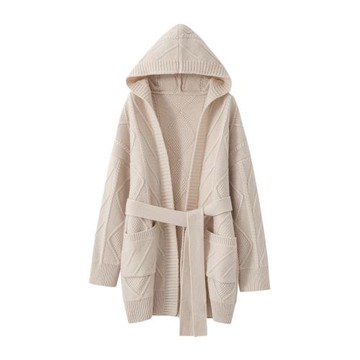 2025年高級感中長款休閑加厚毛衣針織外套慵懶寬松連帽羊絨開衫女