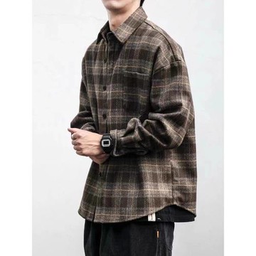 秋冬復古磨毛加厚格子襯衫男工裝長袖潮牌寬松毛呢襯衣休閑外套潮