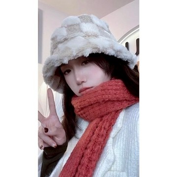 (時尚單品帽子)簡約百搭加厚保暖防寒羊羔絨格紋漁夫帽