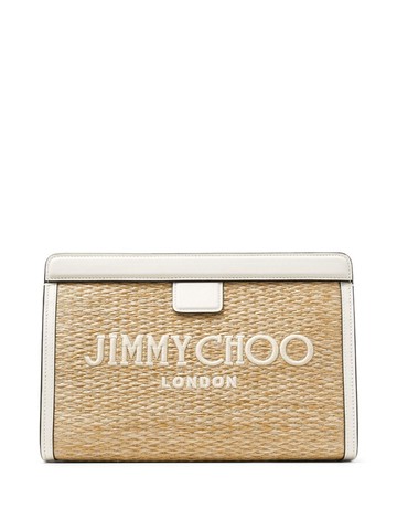 Jimmy Choo - Avenue logo-embroidered woven clutch - women - Raffia/Calf Leather - One Size - Neutrals